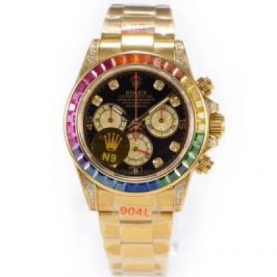 Perfect Replica N9 Factory Rolex Daytona Rainbow Diamond Bezel Gold Oyster 40mm Men's Watch